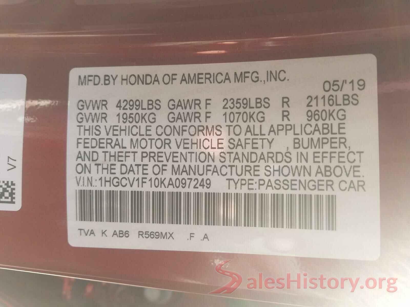 1HGCV1F10KA097249 2019 HONDA ACCORD