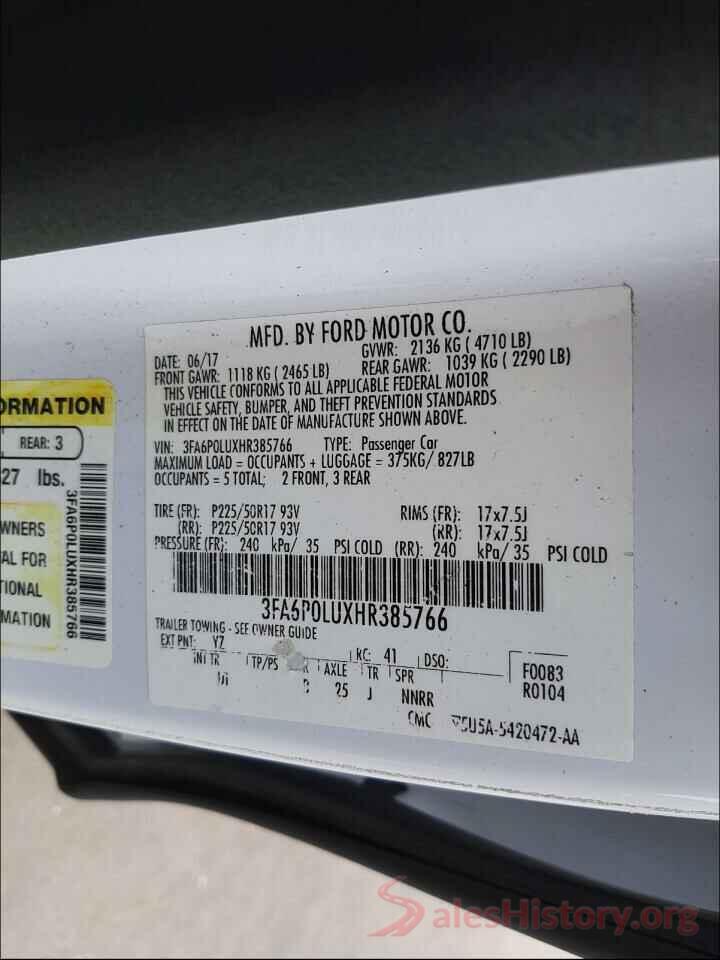 3FA6P0LUXHR385766 2017 FORD FUSION