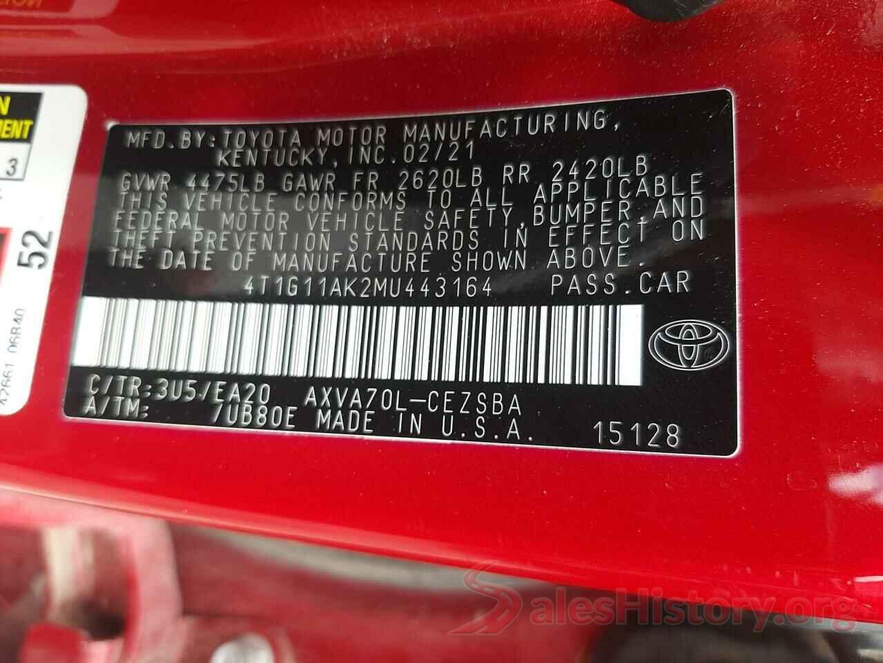 4T1G11AK2MU443164 2021 TOYOTA CAMRY