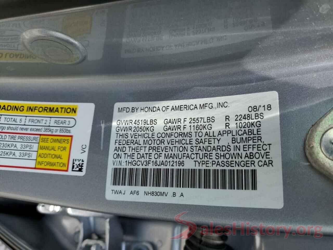 1HGCV3F16JA012196 2018 HONDA ACCORD