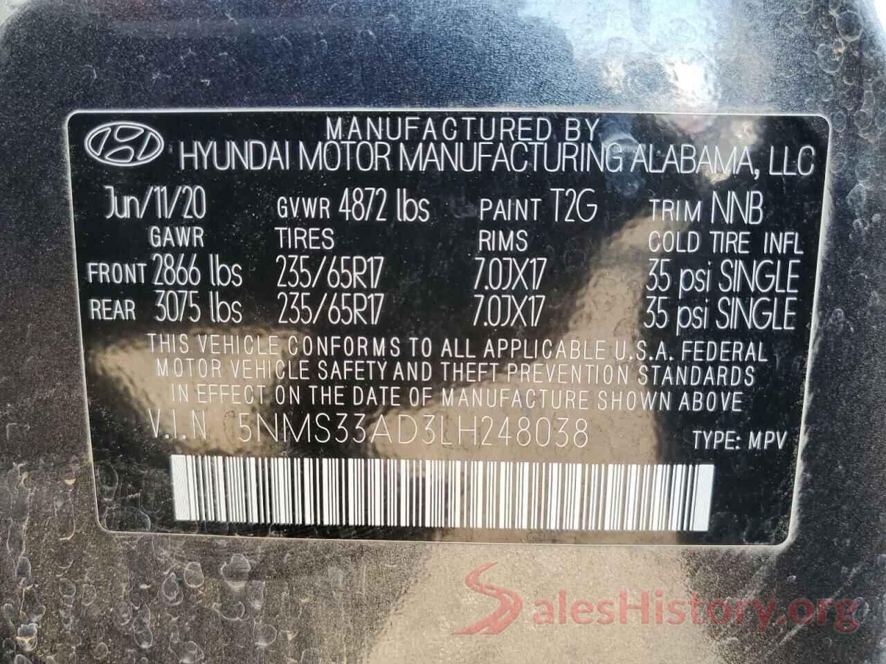 5NMS33AD3LH248038 2020 HYUNDAI SANTA FE