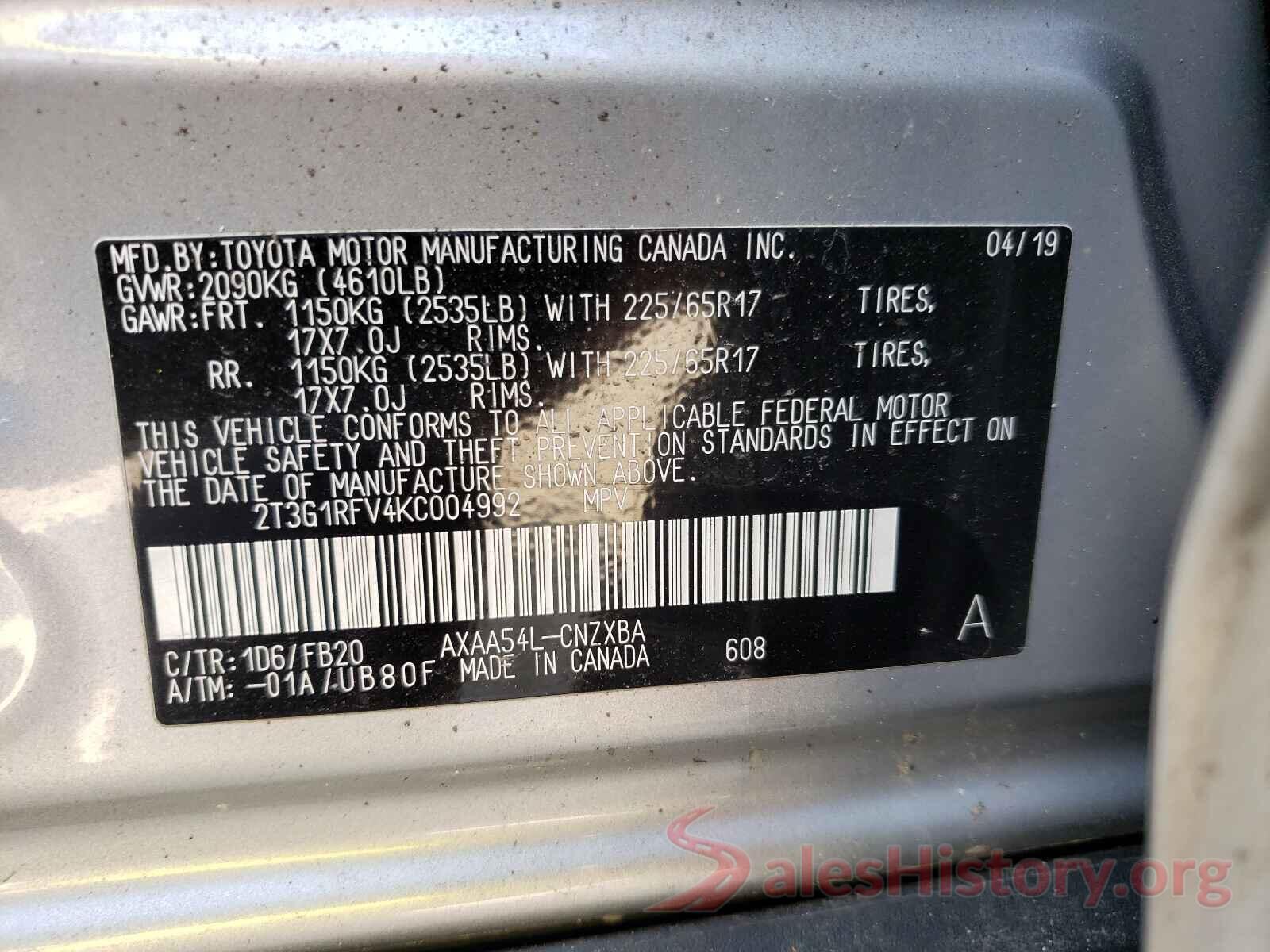 2T3G1RFV4KC004992 2019 TOYOTA RAV4