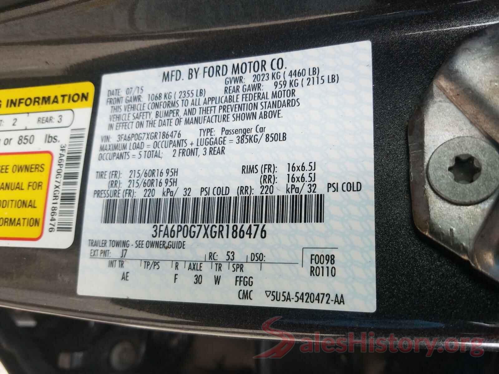 3FA6P0G7XGR186476 2016 FORD FUSION