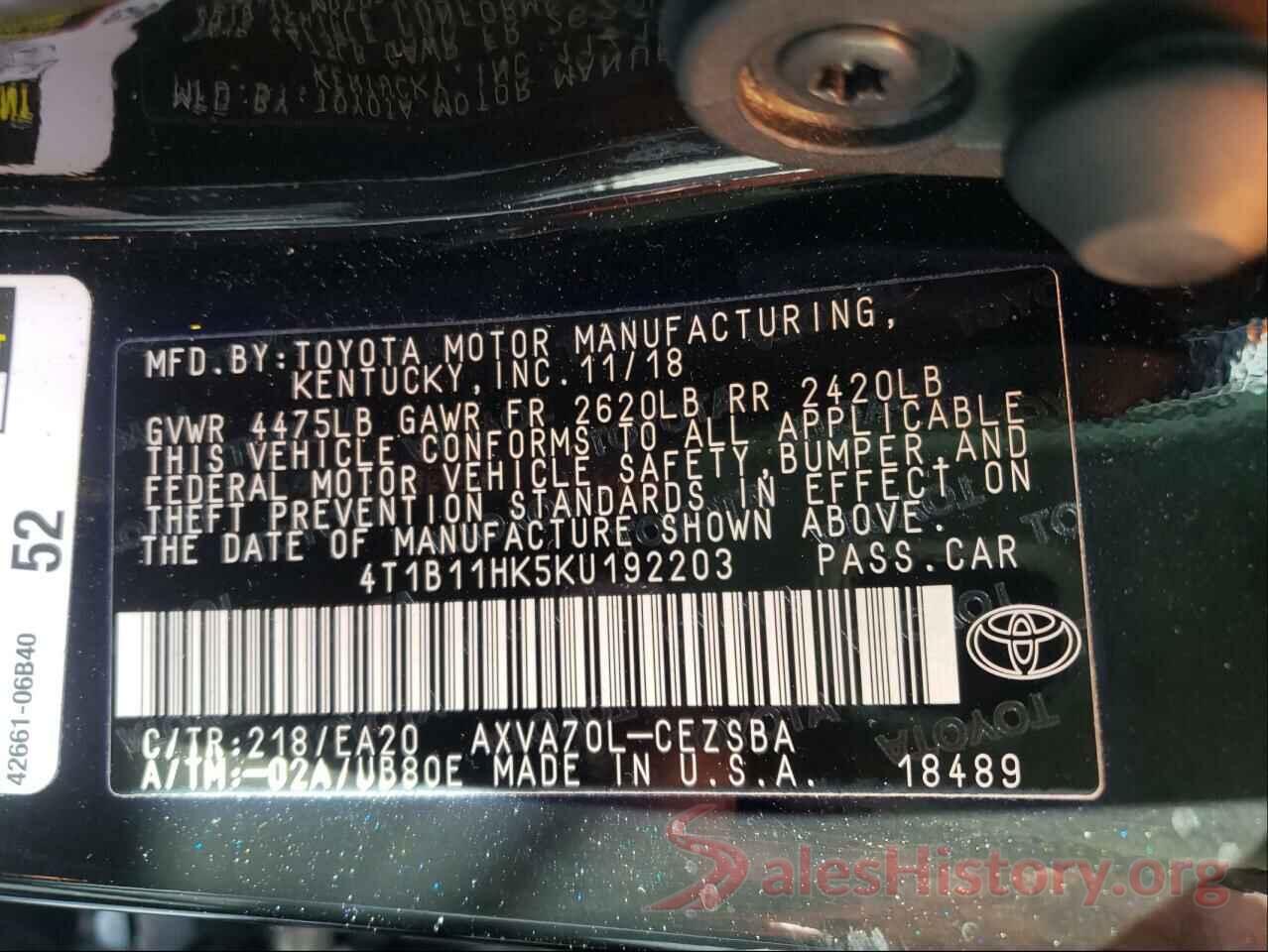 4T1B11HK5KU192203 2019 TOYOTA CAMRY