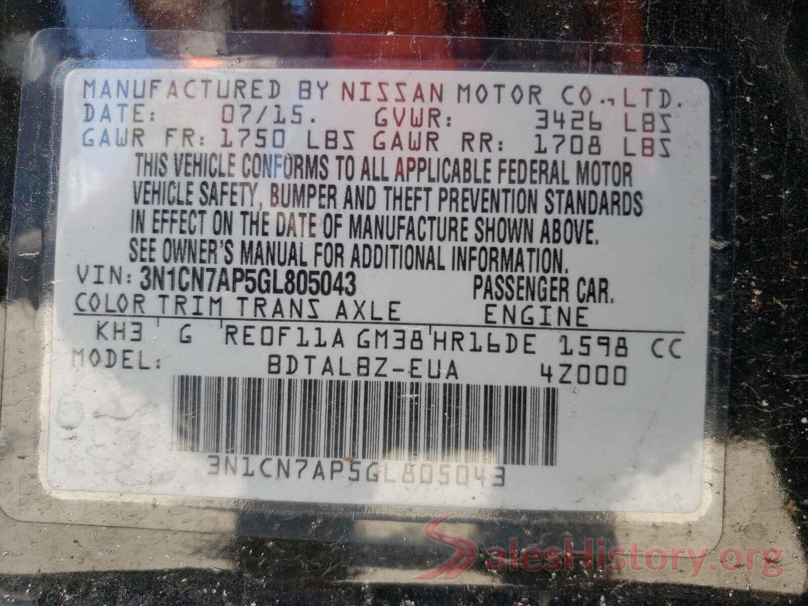 3N1CN7AP5GL805043 2016 NISSAN VERSA