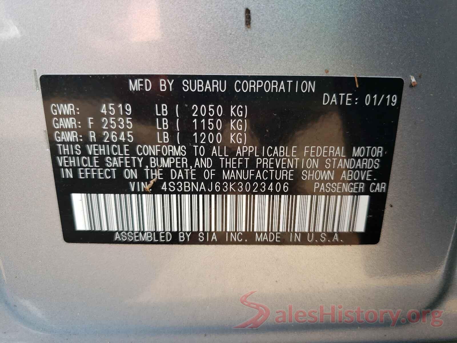 4S3BNAJ63K3023406 2019 SUBARU LEGACY