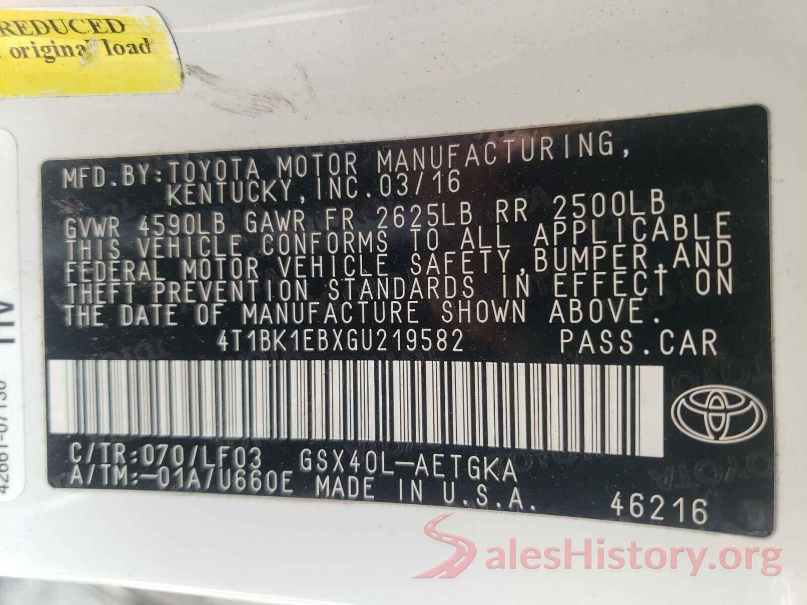 4T1BK1EBXGU219582 2016 TOYOTA AVALON