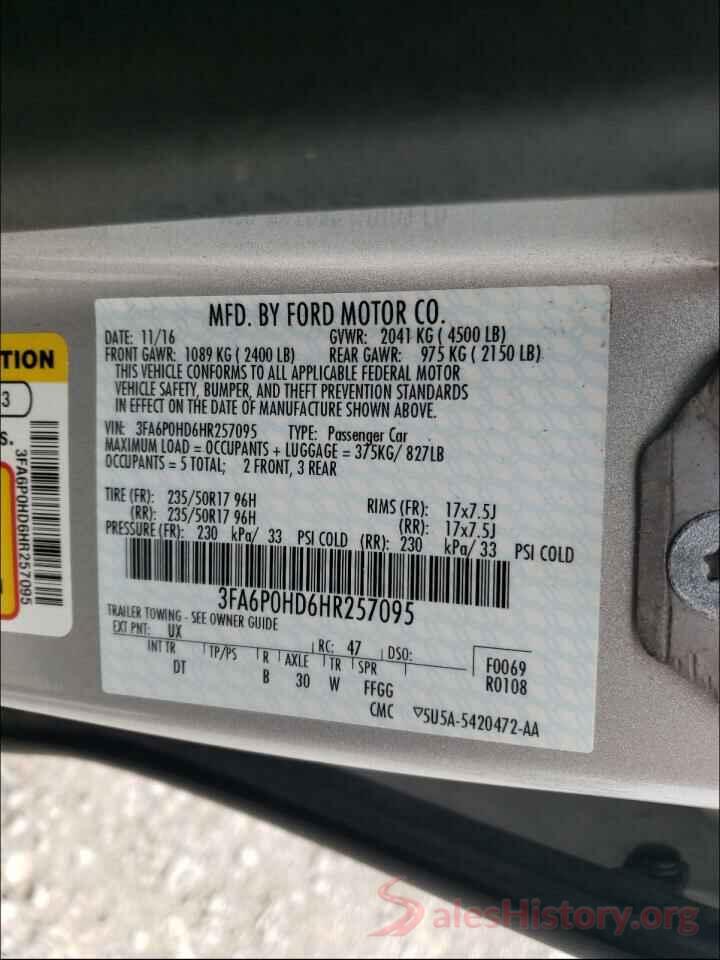 3FA6P0HD6HR257095 2017 FORD FUSION