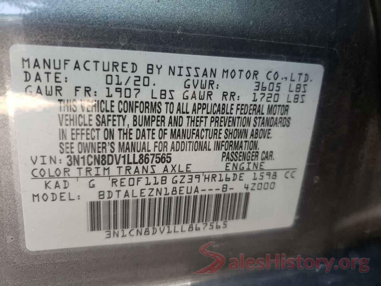 3N1CN8DV1LL867565 2020 NISSAN VERSA