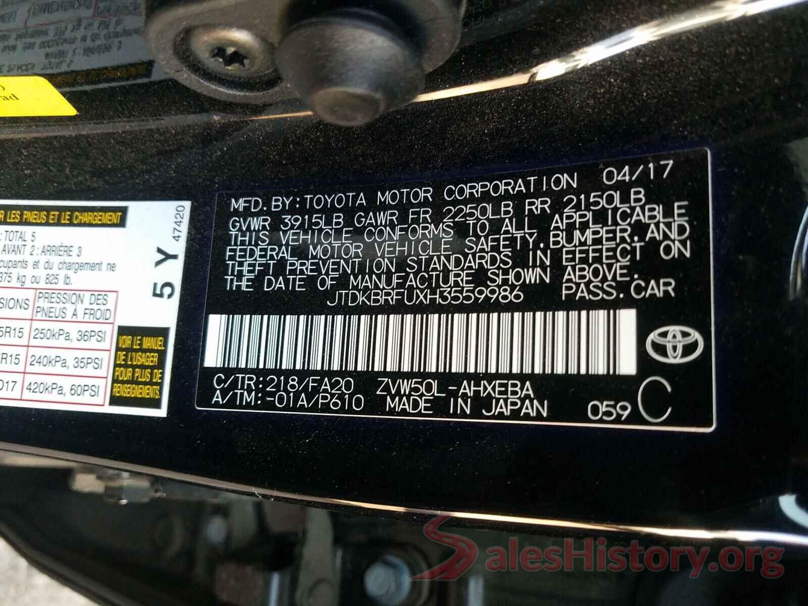 JTDKBRFUXH3559986 2017 TOYOTA PRIUS