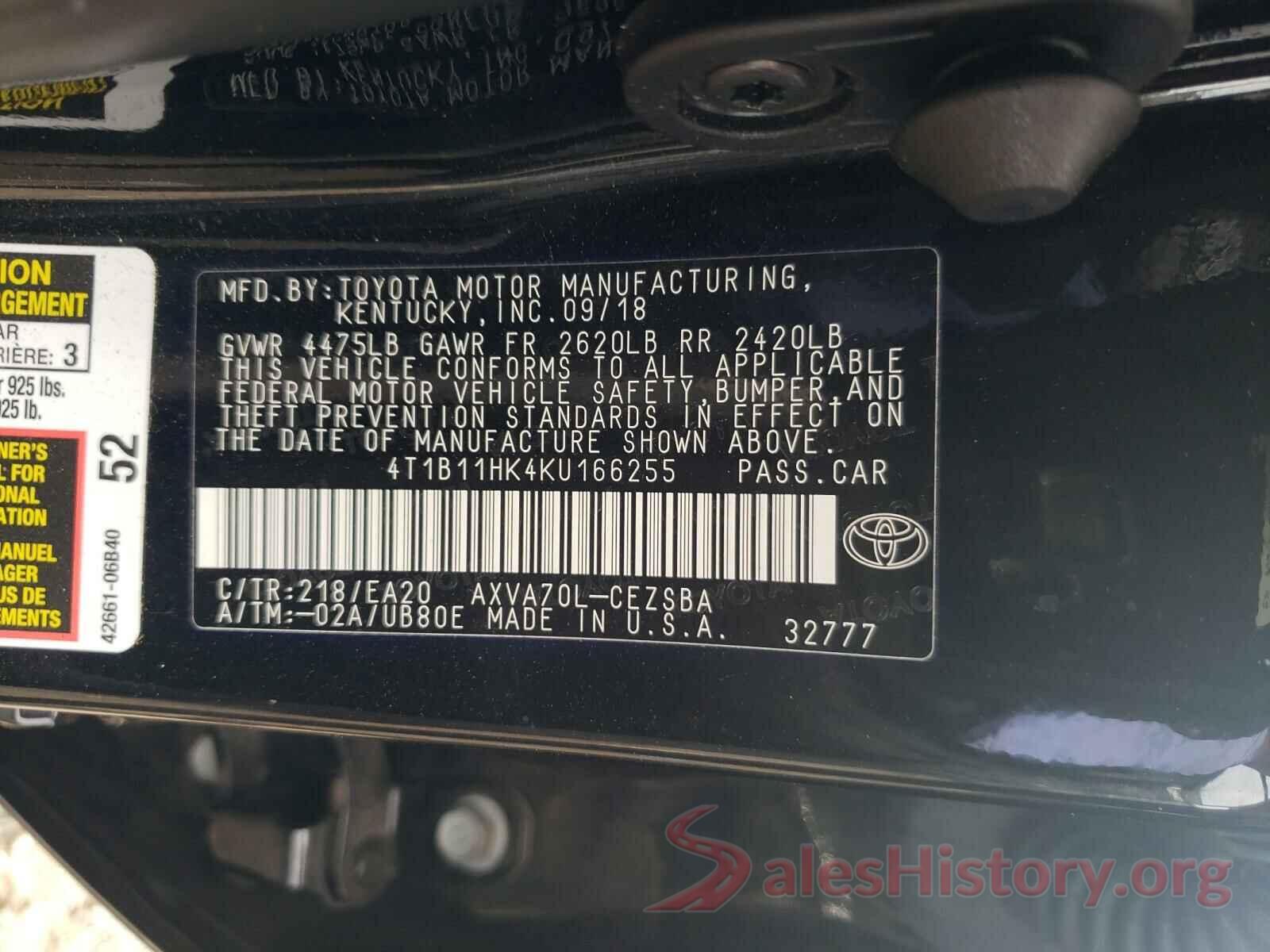 4T1B11HK4KU166255 2019 TOYOTA CAMRY