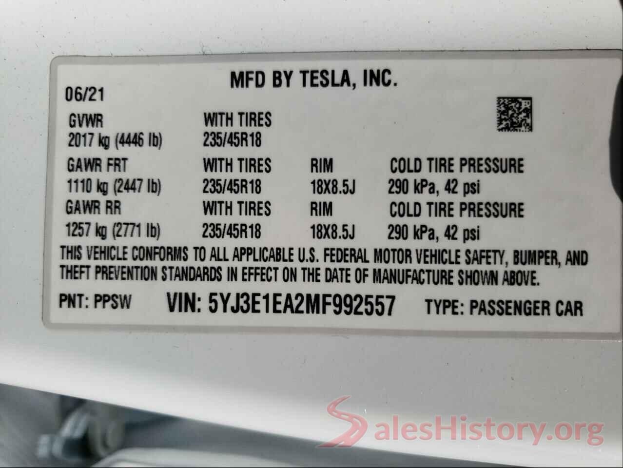 5YJ3E1EA2MF992557 2021 TESLA MODEL 3