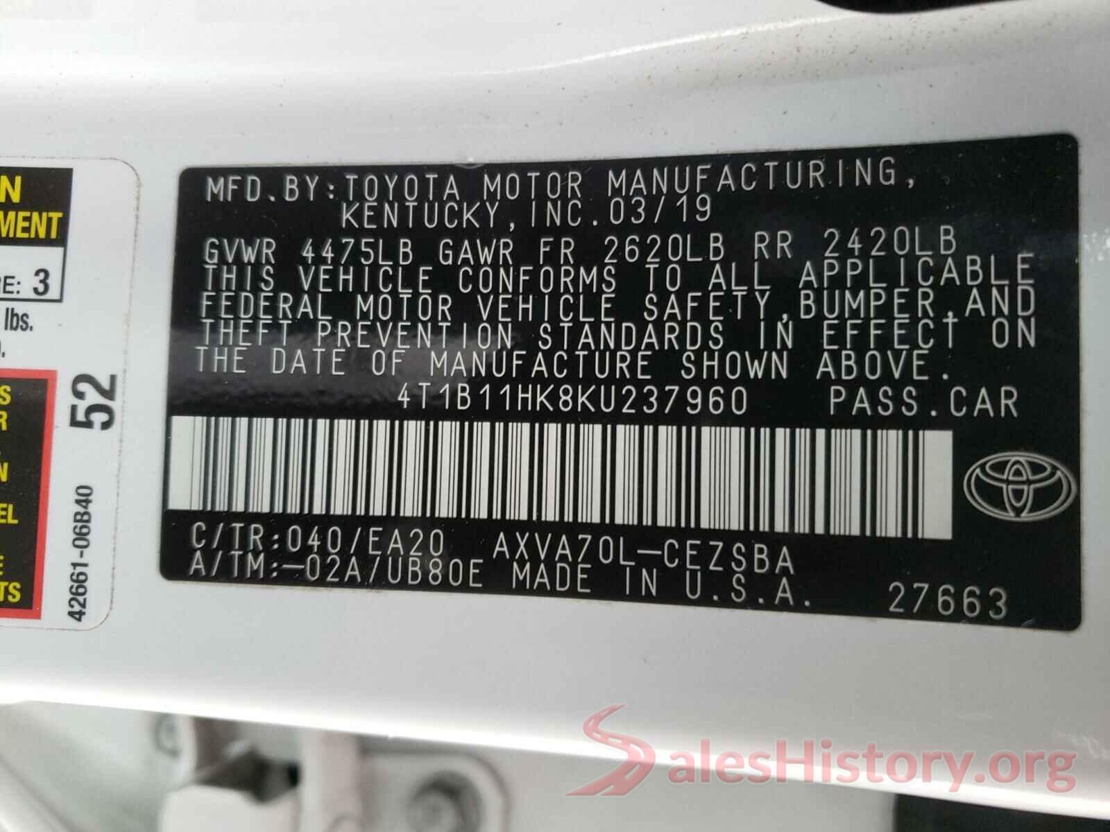 4T1B11HK8KU237960 2019 TOYOTA CAMRY