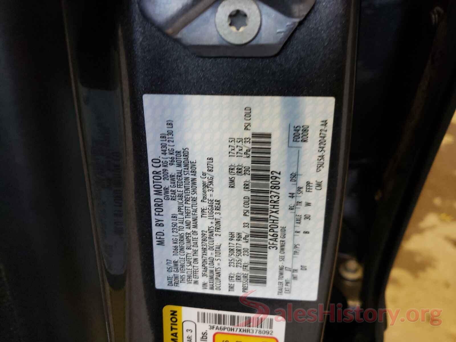 3FA6P0H7XHR378092 2017 FORD FUSION