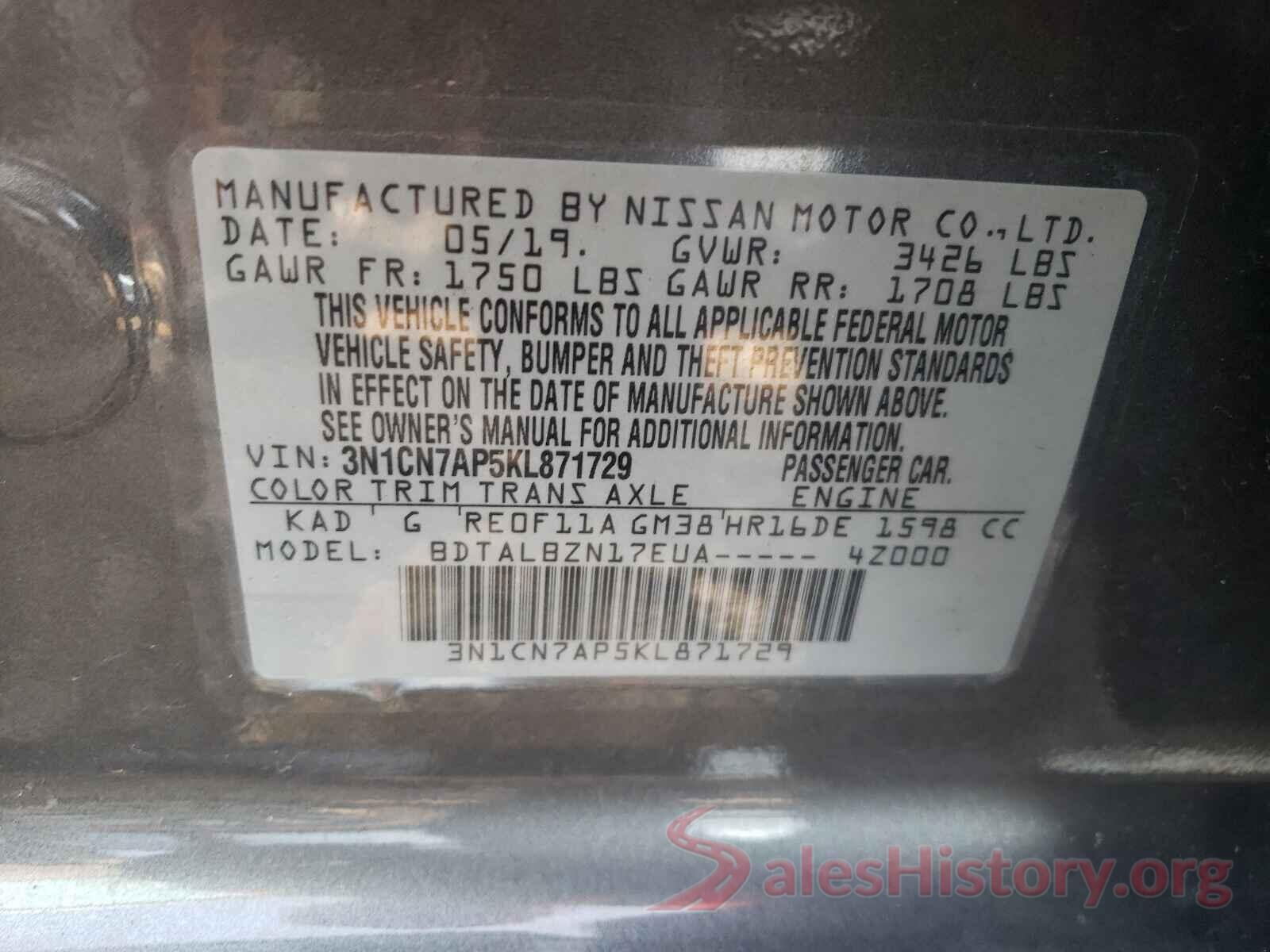 3N1CN7AP5KL871729 2019 NISSAN VERSA