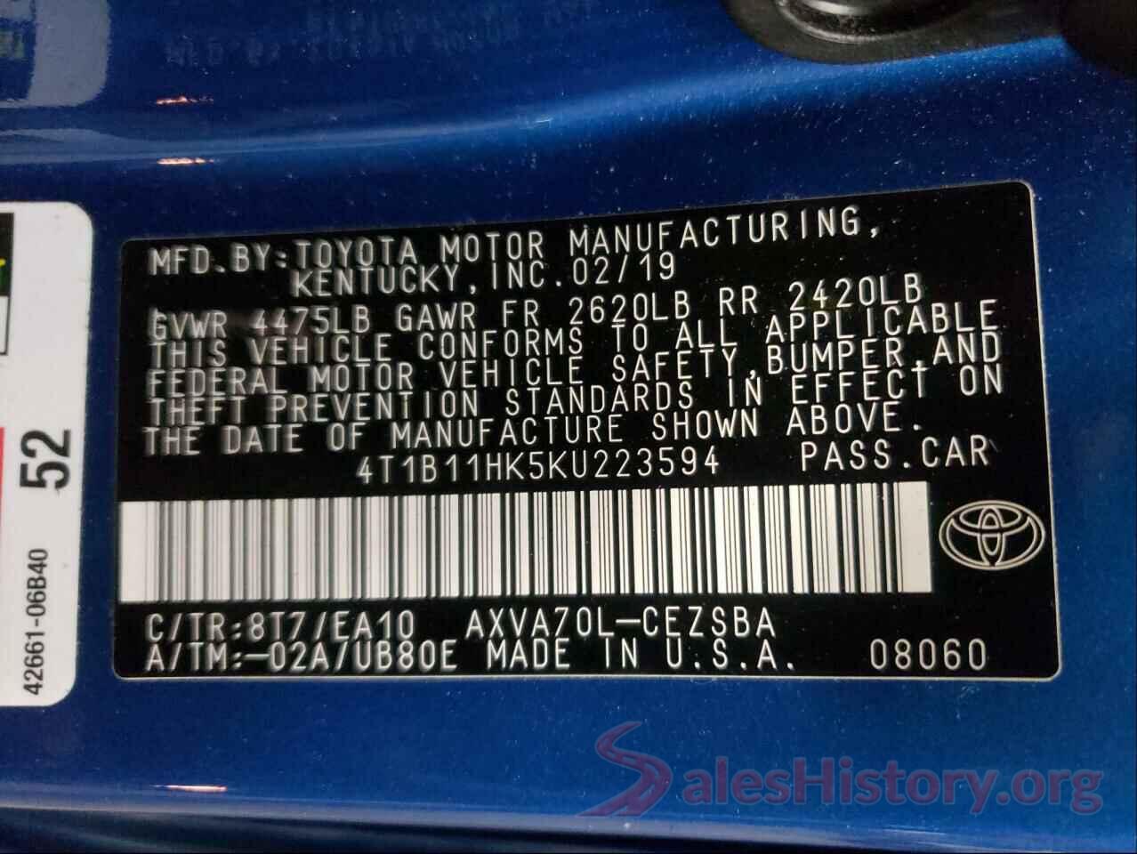 4T1B11HK5KU223594 2019 TOYOTA CAMRY