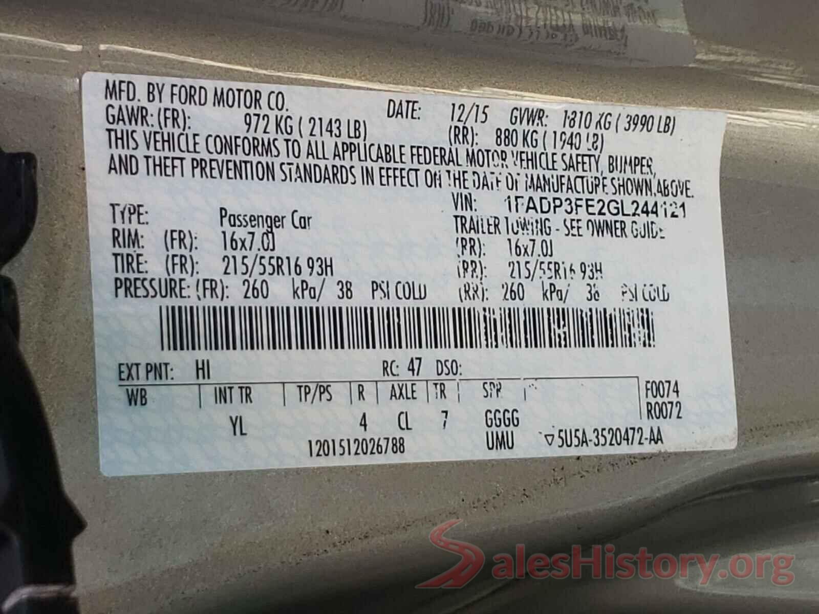 1FADP3FE2GL244121 2016 FORD FOCUS