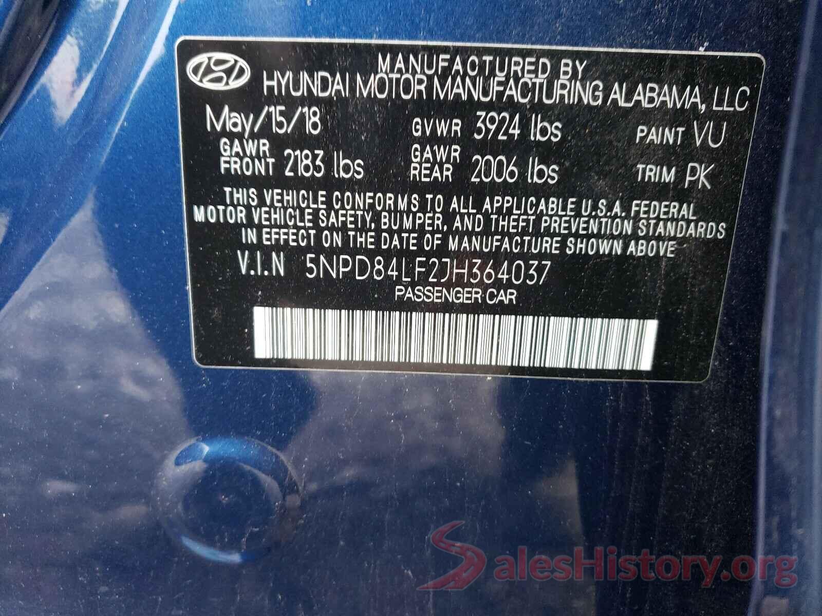 5NPD84LF2JH364037 2018 HYUNDAI ELANTRA