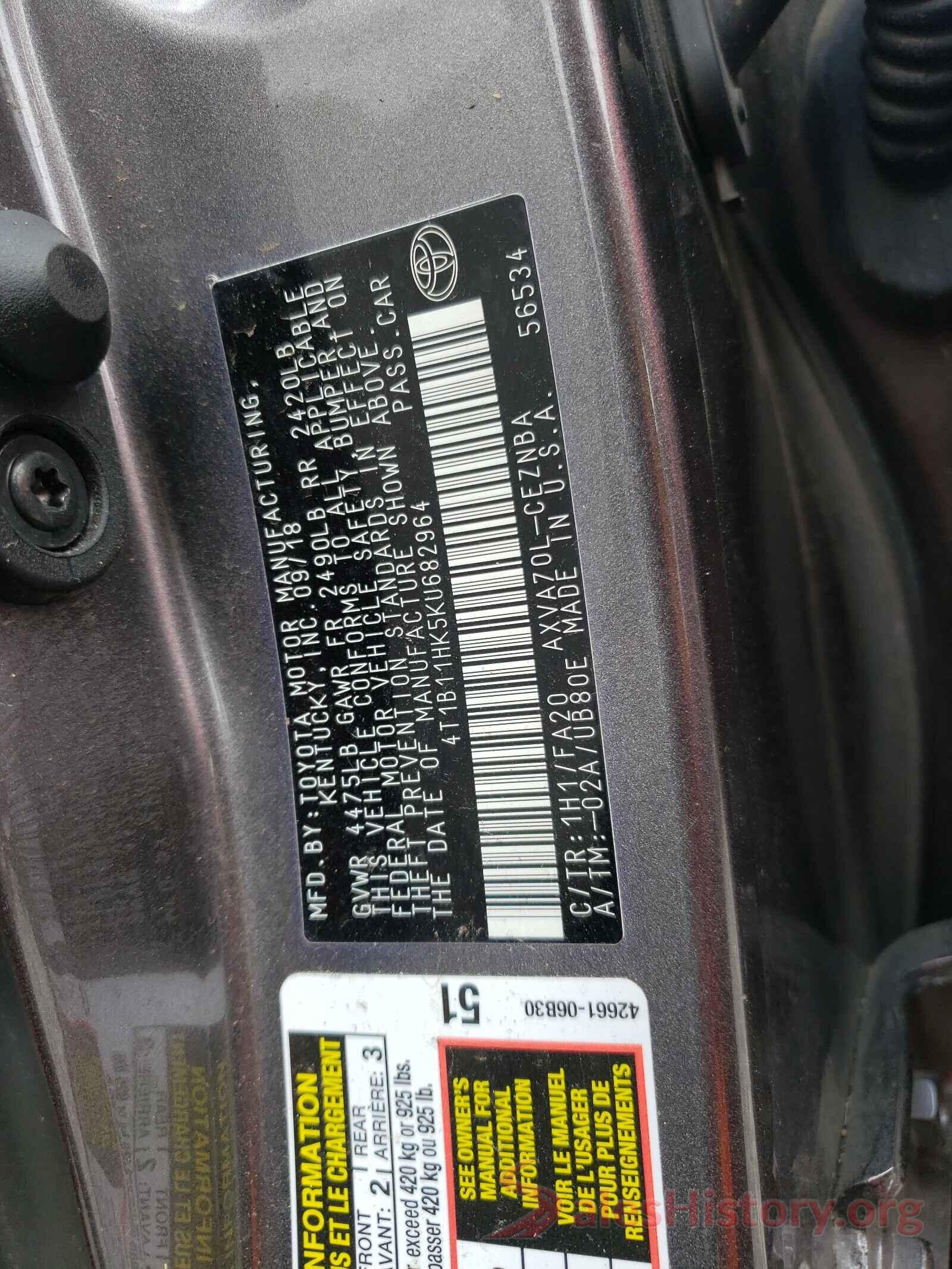 4T1B11HK5KU682964 2019 TOYOTA CAMRY