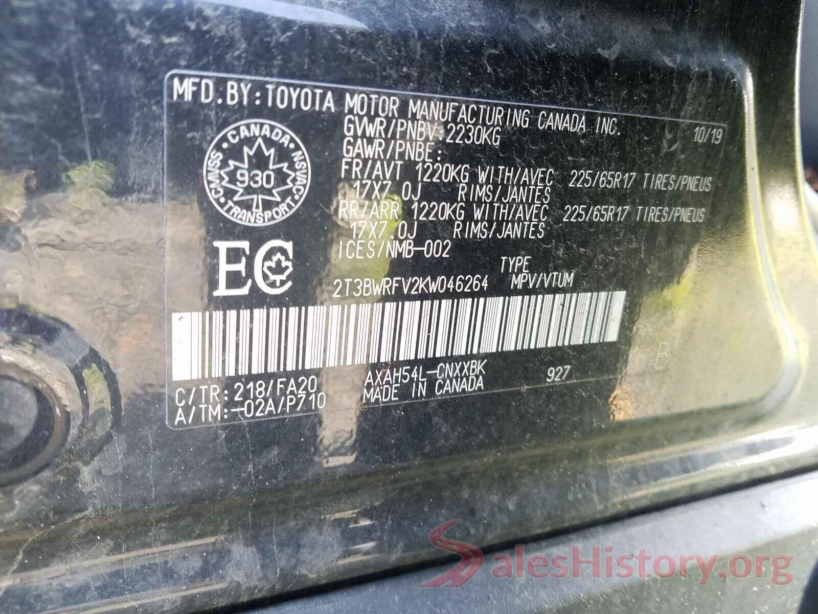 2T3BWRFV2KW046264 2019 TOYOTA RAV4