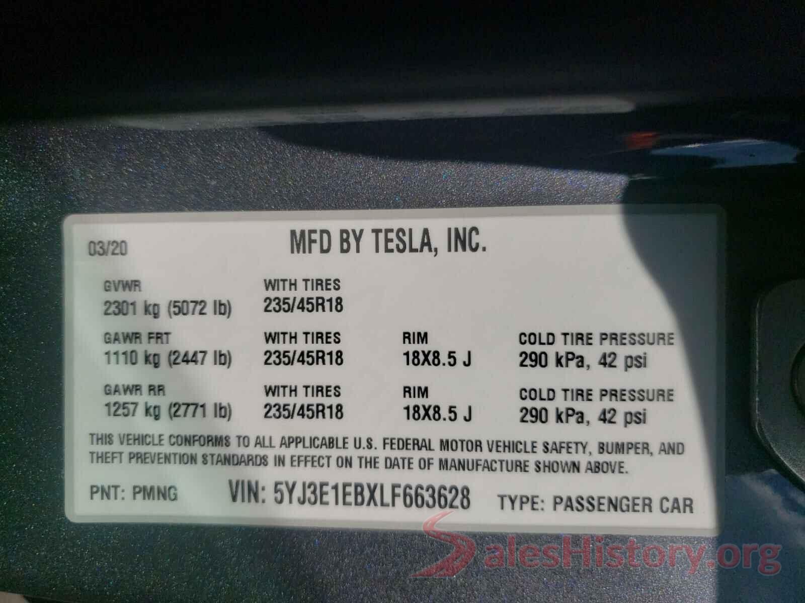 5YJ3E1EBXLF663628 2020 TESLA MODEL 3