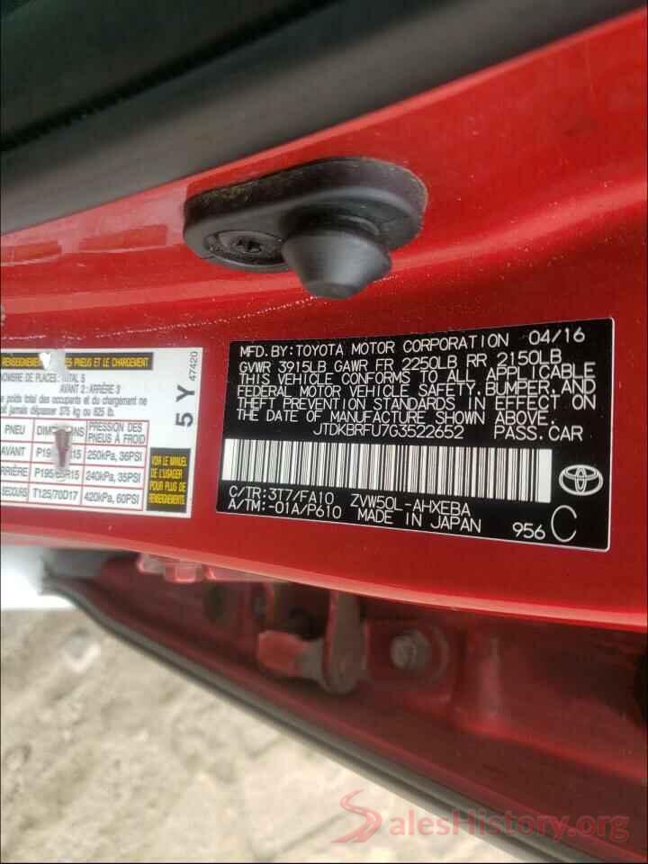 JTDKBRFU7G3522652 2016 TOYOTA PRIUS