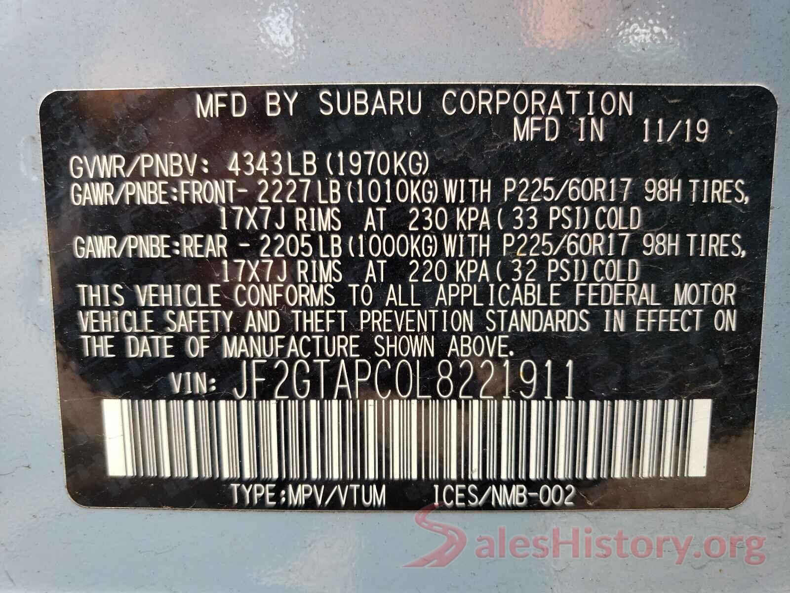 JF2GTAPC0L8221911 2020 SUBARU CROSSTREK