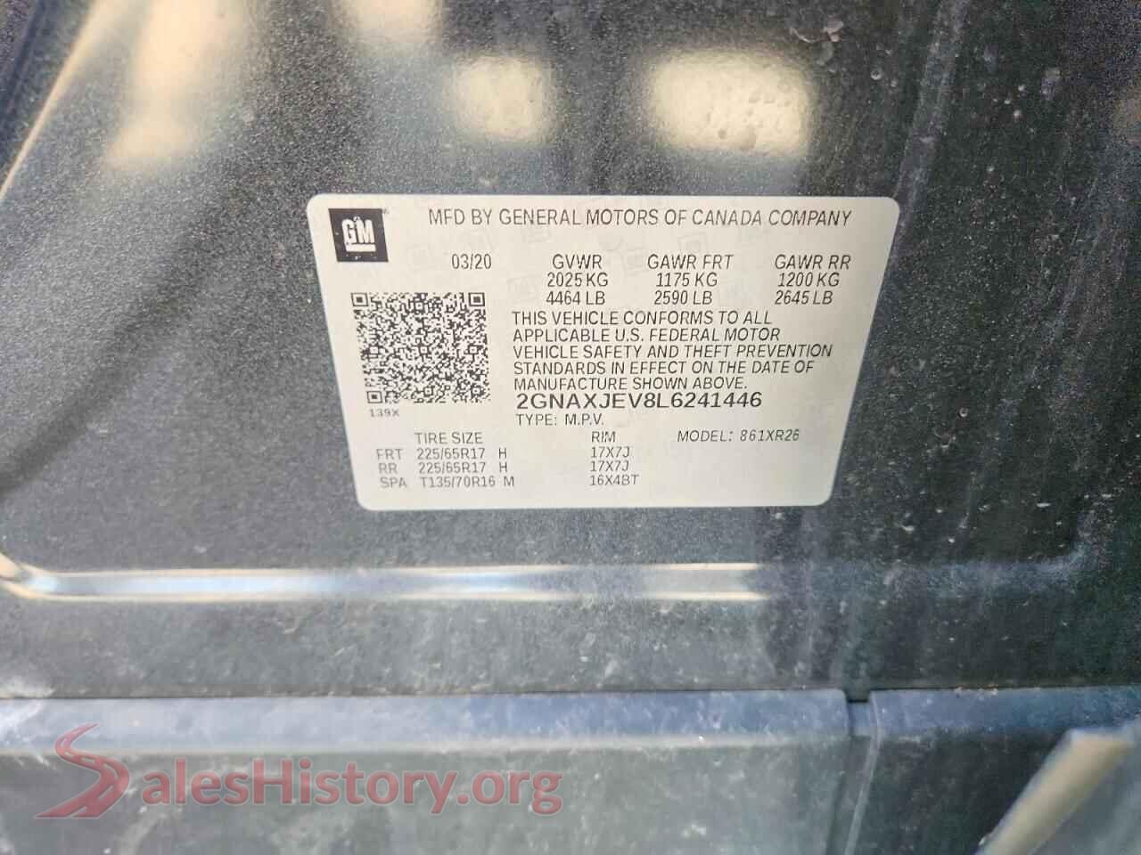 2020 CHEVROLET EQUINOX VIN 2GNAXJEV8L6241446, trunk area