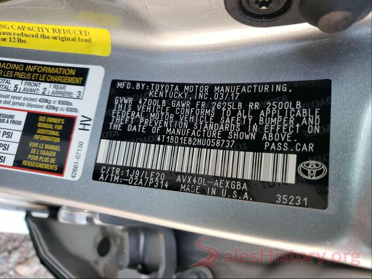 4T1BD1EB2HU058737 2017 TOYOTA AVALON