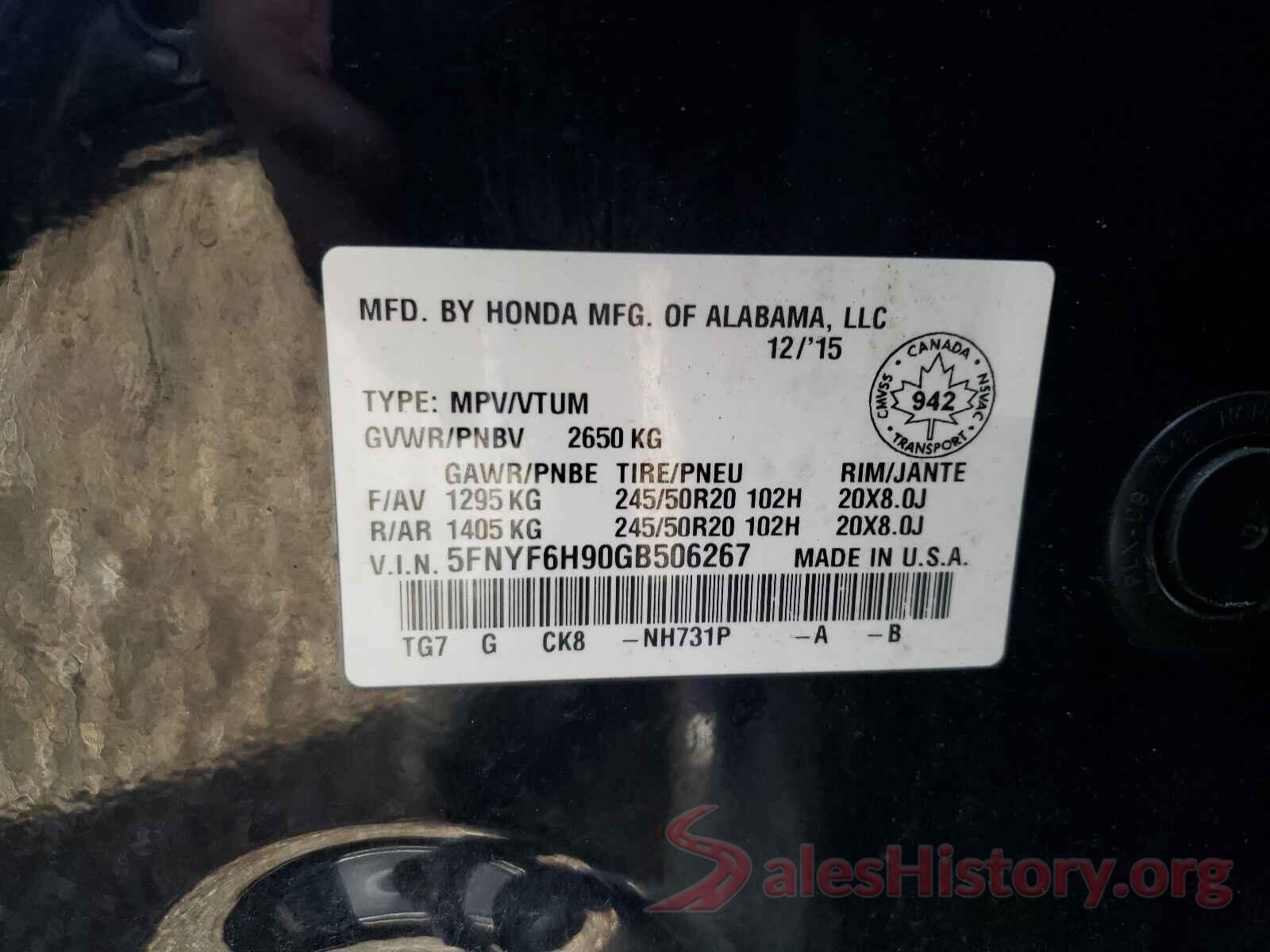 5FNYF6H90GB506267 2016 HONDA PILOT