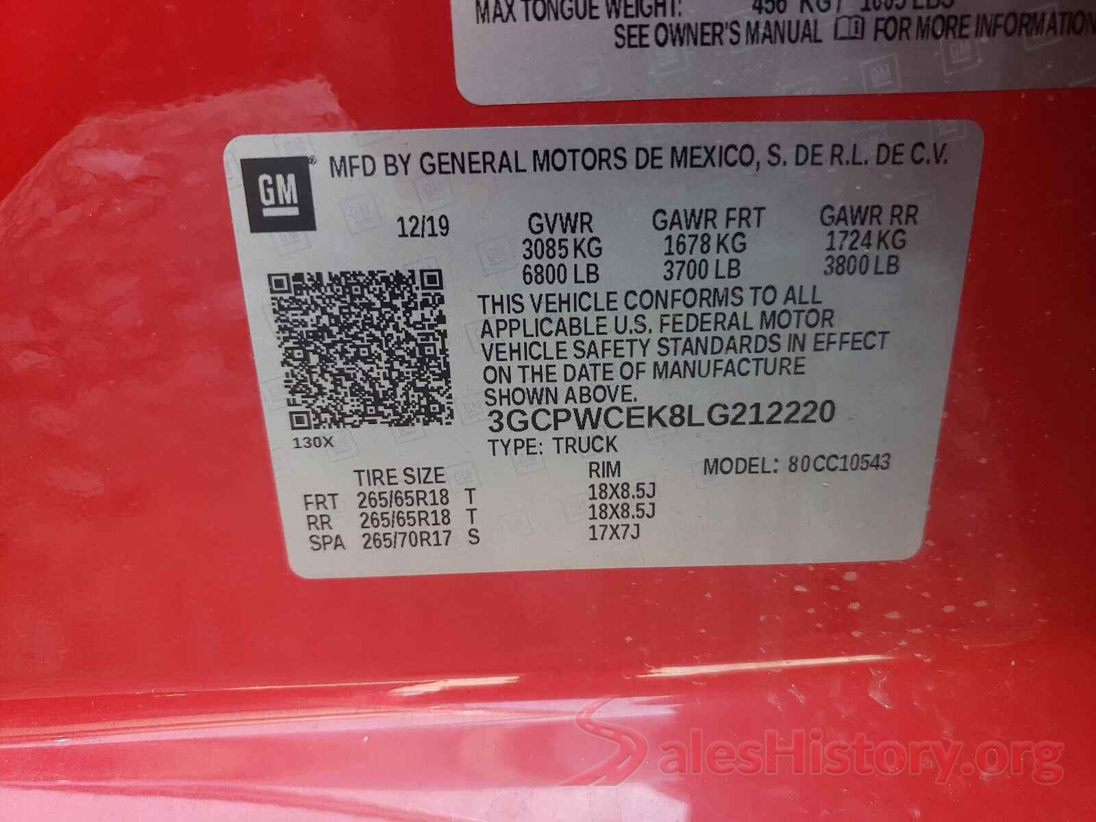 3GCPWCEK8LG212220 2020 CHEVROLET SILVERADO