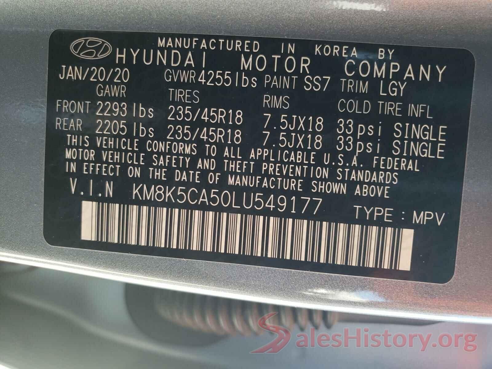 KM8K5CA50LU549177 2020 HYUNDAI KONA