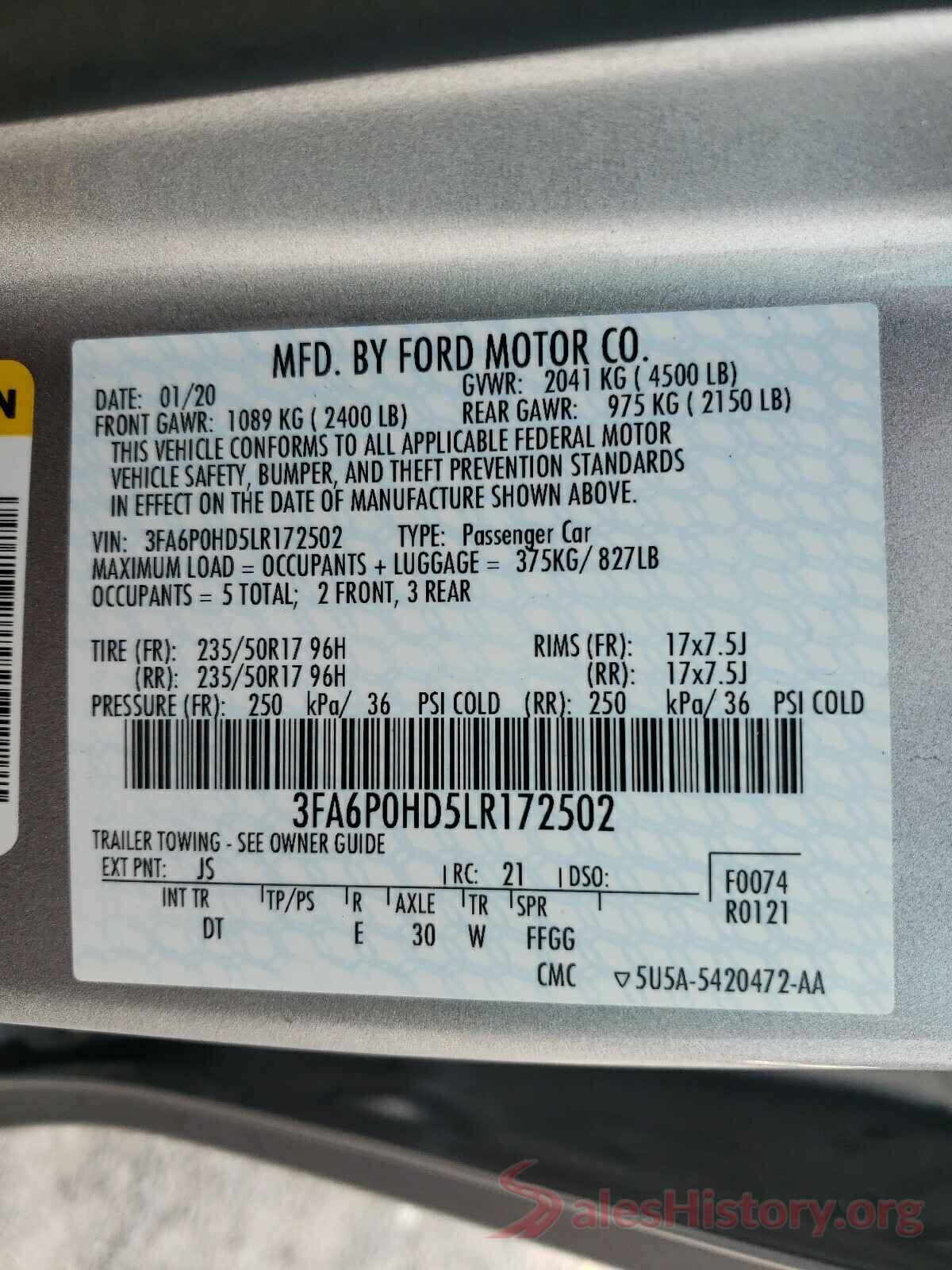 3FA6P0HD5LR172502 2020 FORD FUSION