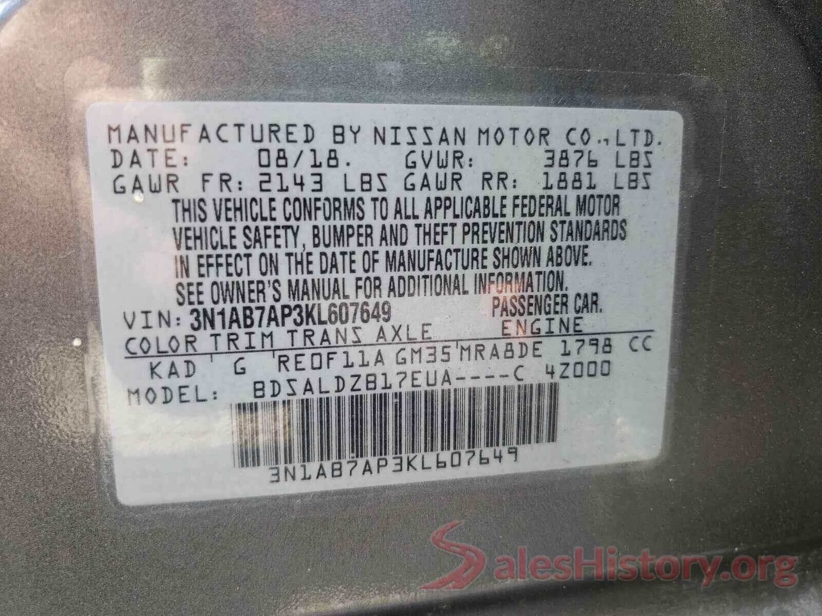 3N1AB7AP3KL607649 2019 NISSAN SENTRA