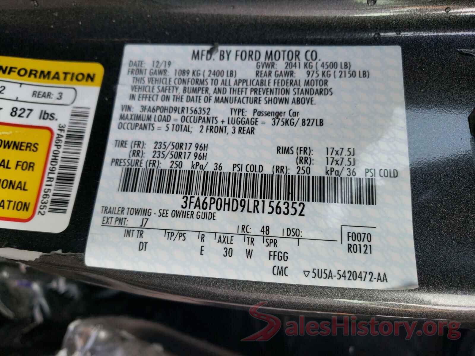 3FA6P0HD9LR156352 2020 FORD FUSION