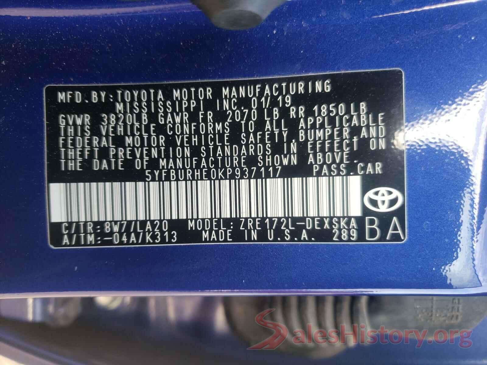 5YFBURHE0KP937117 2019 TOYOTA COROLLA