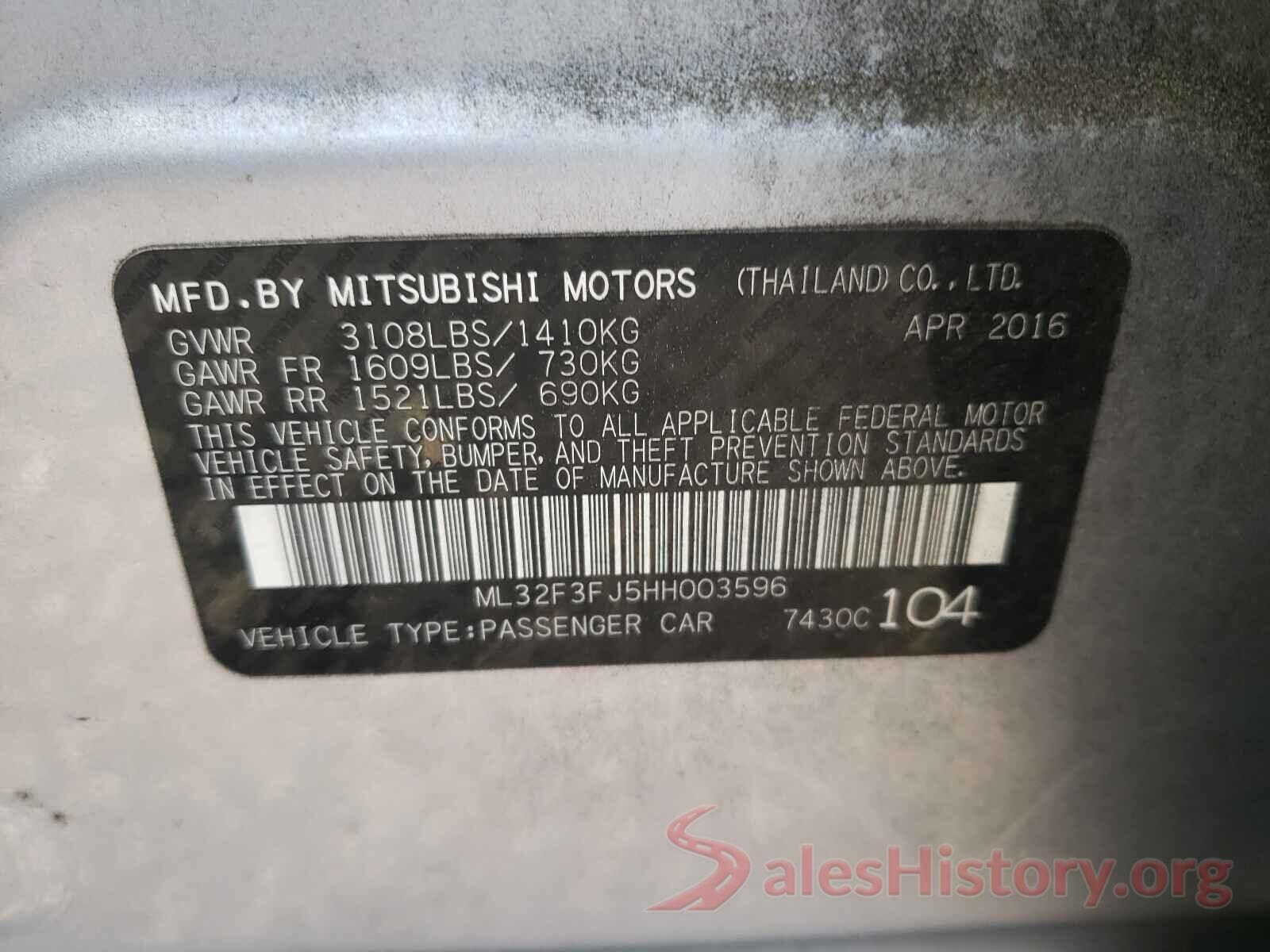 ML32F3FJ5HH003596 2017 MITSUBISHI MIRAGE