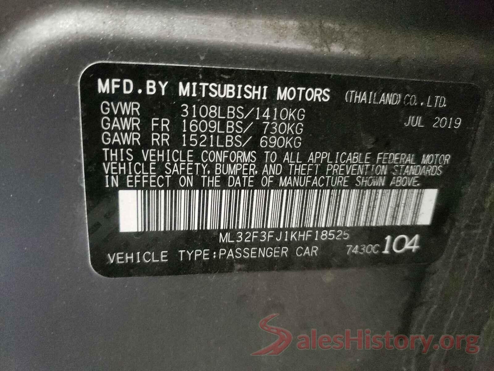 ML32F3FJ1KHF18525 2019 MITSUBISHI MIRAGE