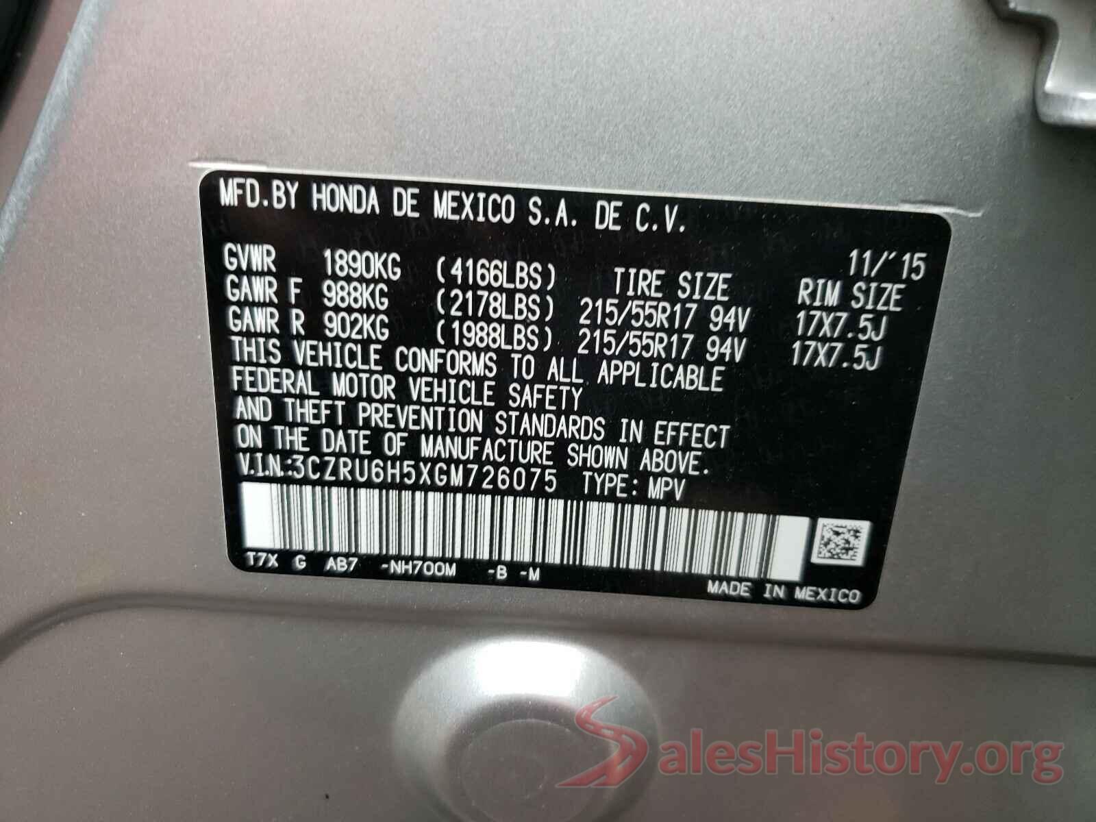 3CZRU6H5XGM726075 2016 HONDA HR-V