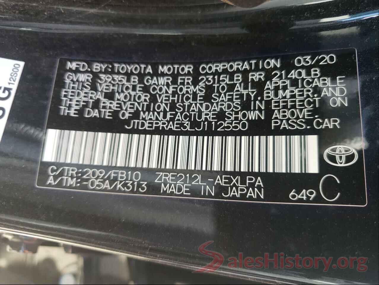 JTDEPRAE3LJ112550 2020 TOYOTA COROLLA