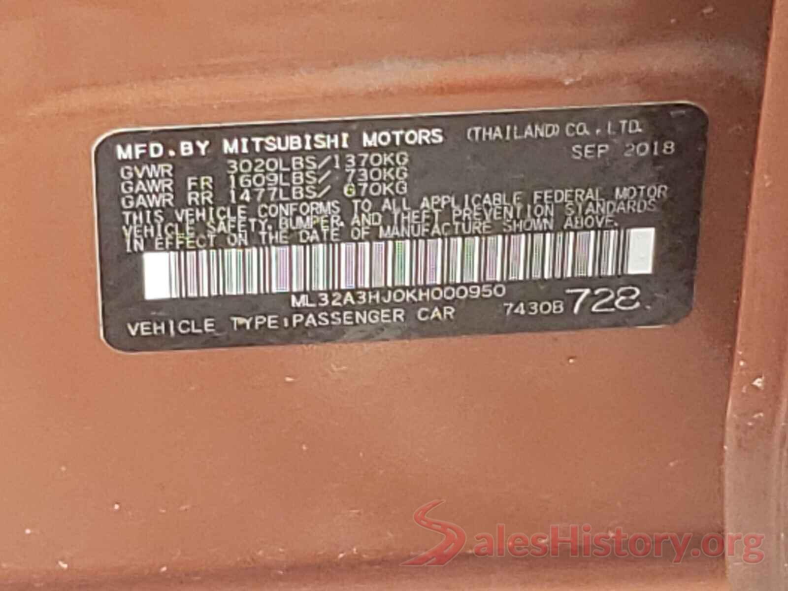 ML32A3HJ0KH000950 2019 MITSUBISHI MIRAGE