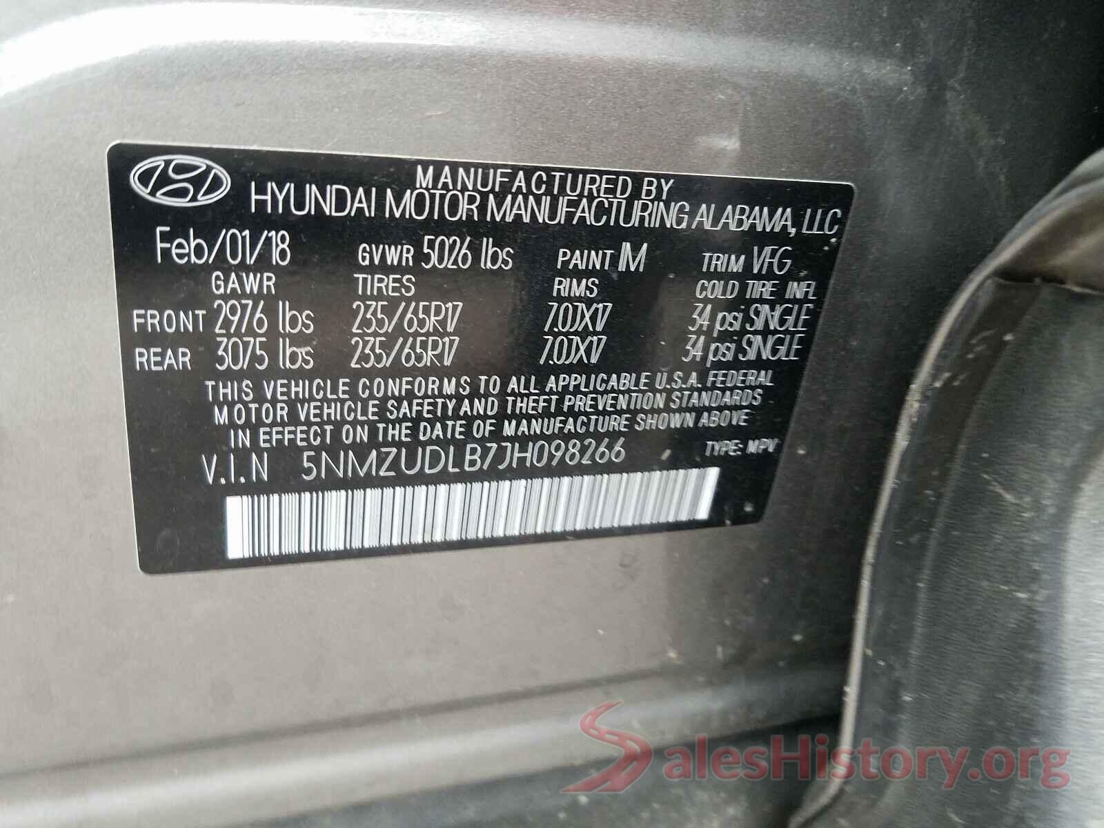 5NMZUDLB7JH098266 2018 HYUNDAI SANTA FE