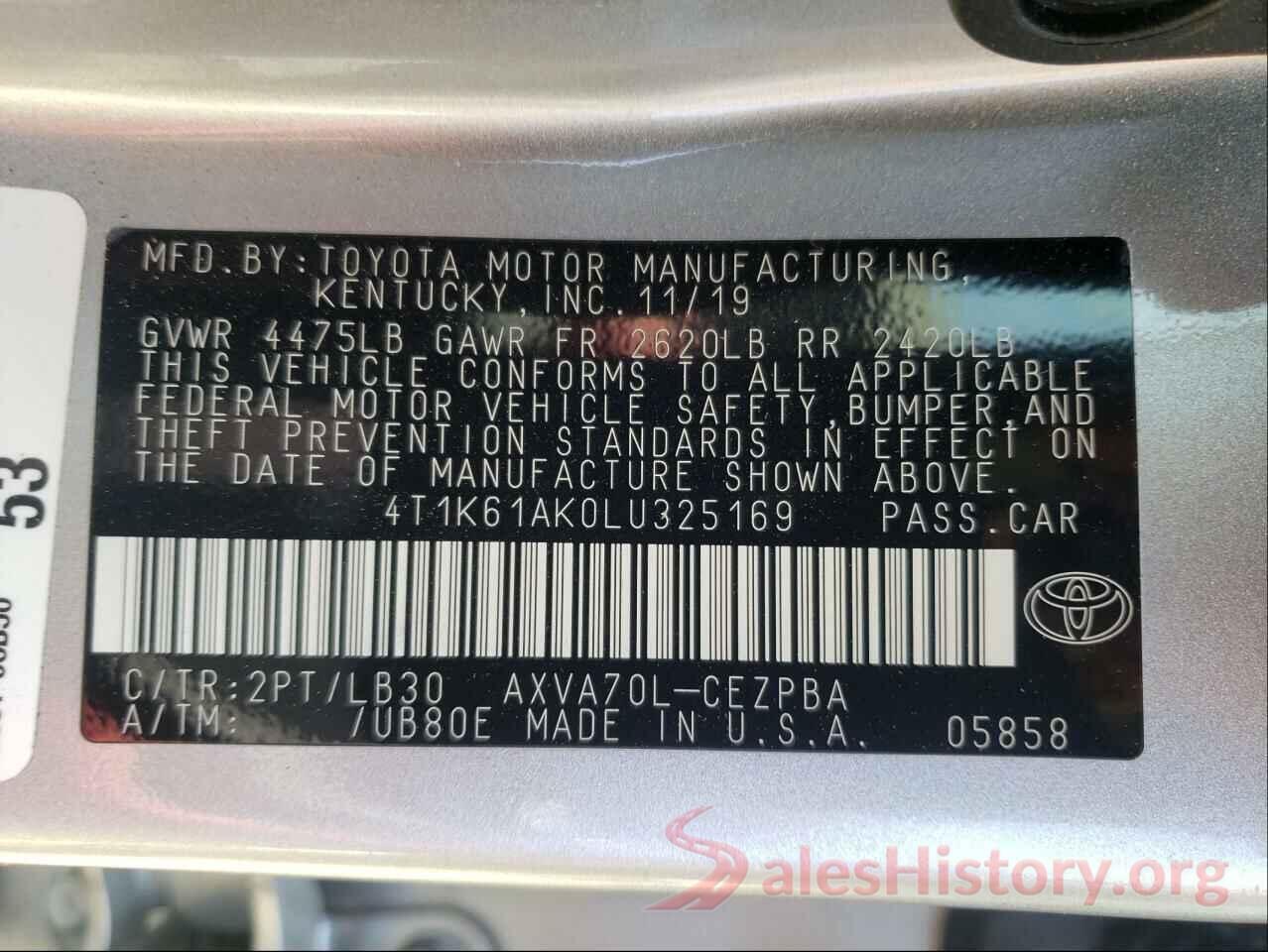 4T1K61AK0LU325169 2020 TOYOTA CAMRY