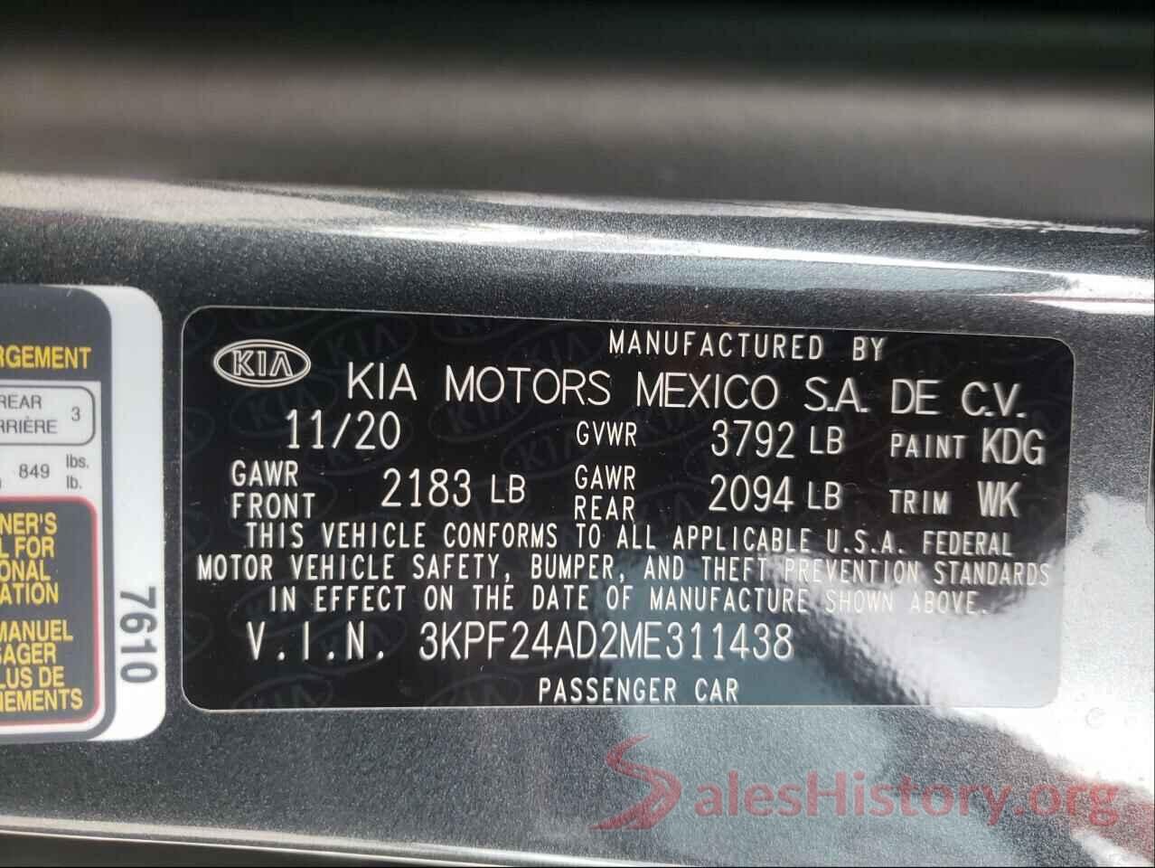 3KPF24AD2ME311438 2021 KIA FORTE