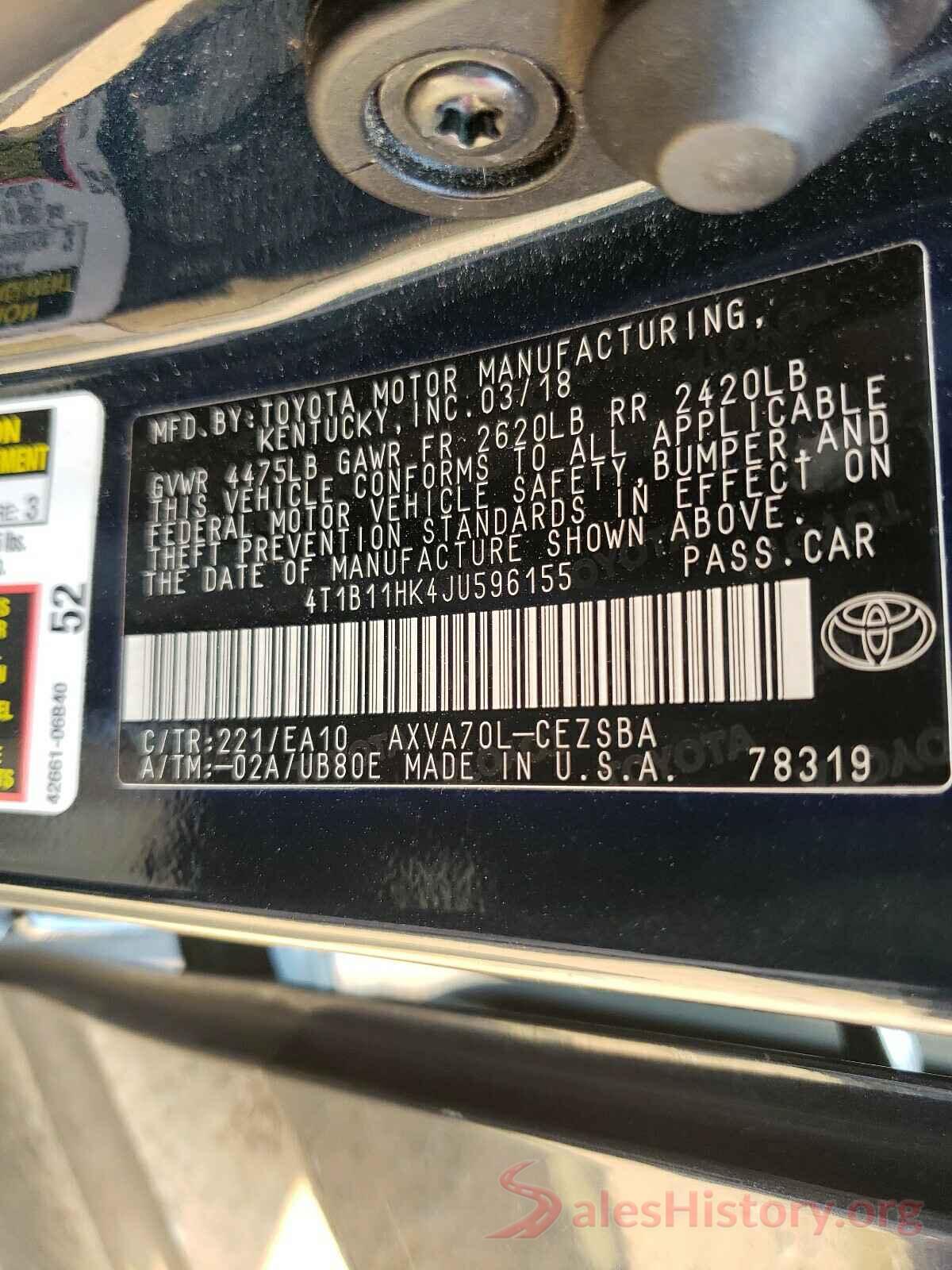 4T1B11HK4JU596155 2018 TOYOTA CAMRY