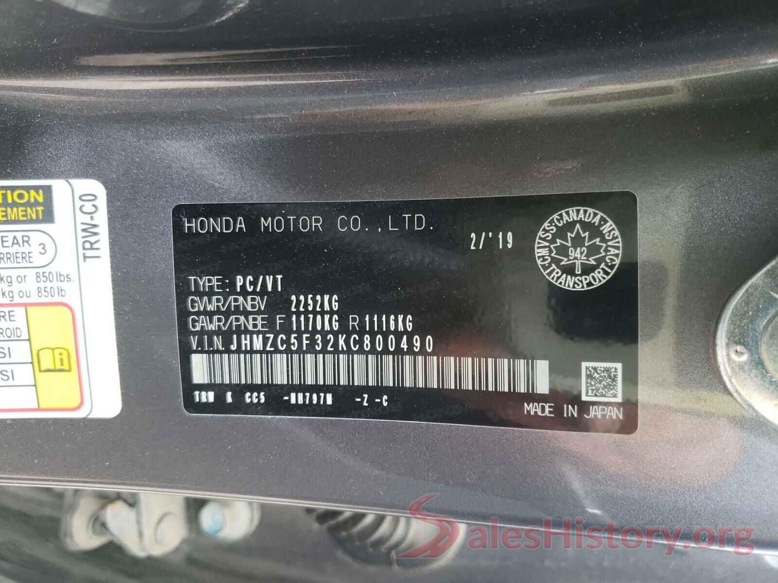 JHMZC5F32KC800490 2019 HONDA CLARITY