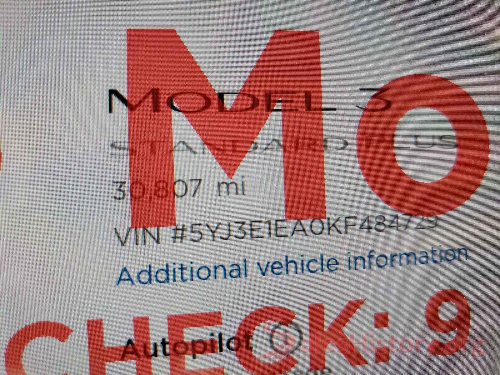 5YJ3E1EA0KF484729 2019 TESLA MODEL 3