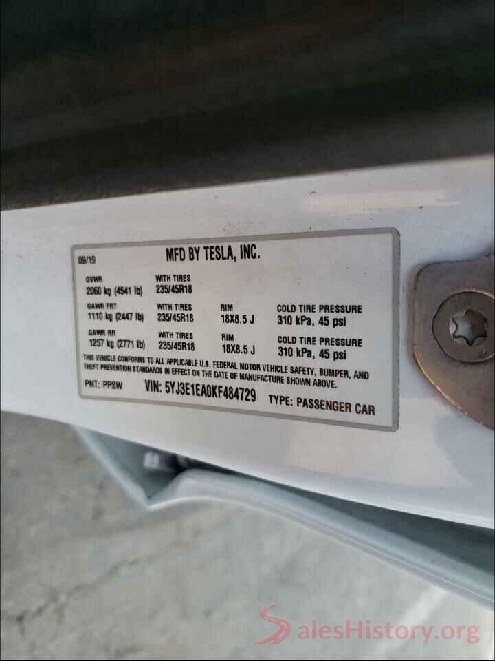 5YJ3E1EA0KF484729 2019 TESLA MODEL 3