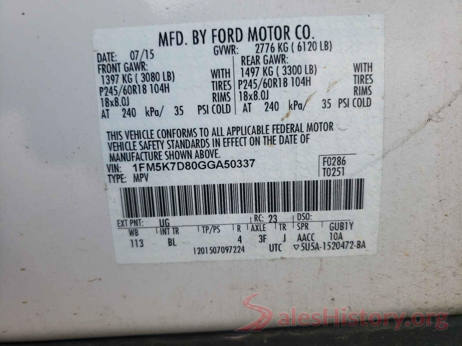 1FM5K7D80GGA50337 2016 FORD EXPLORER