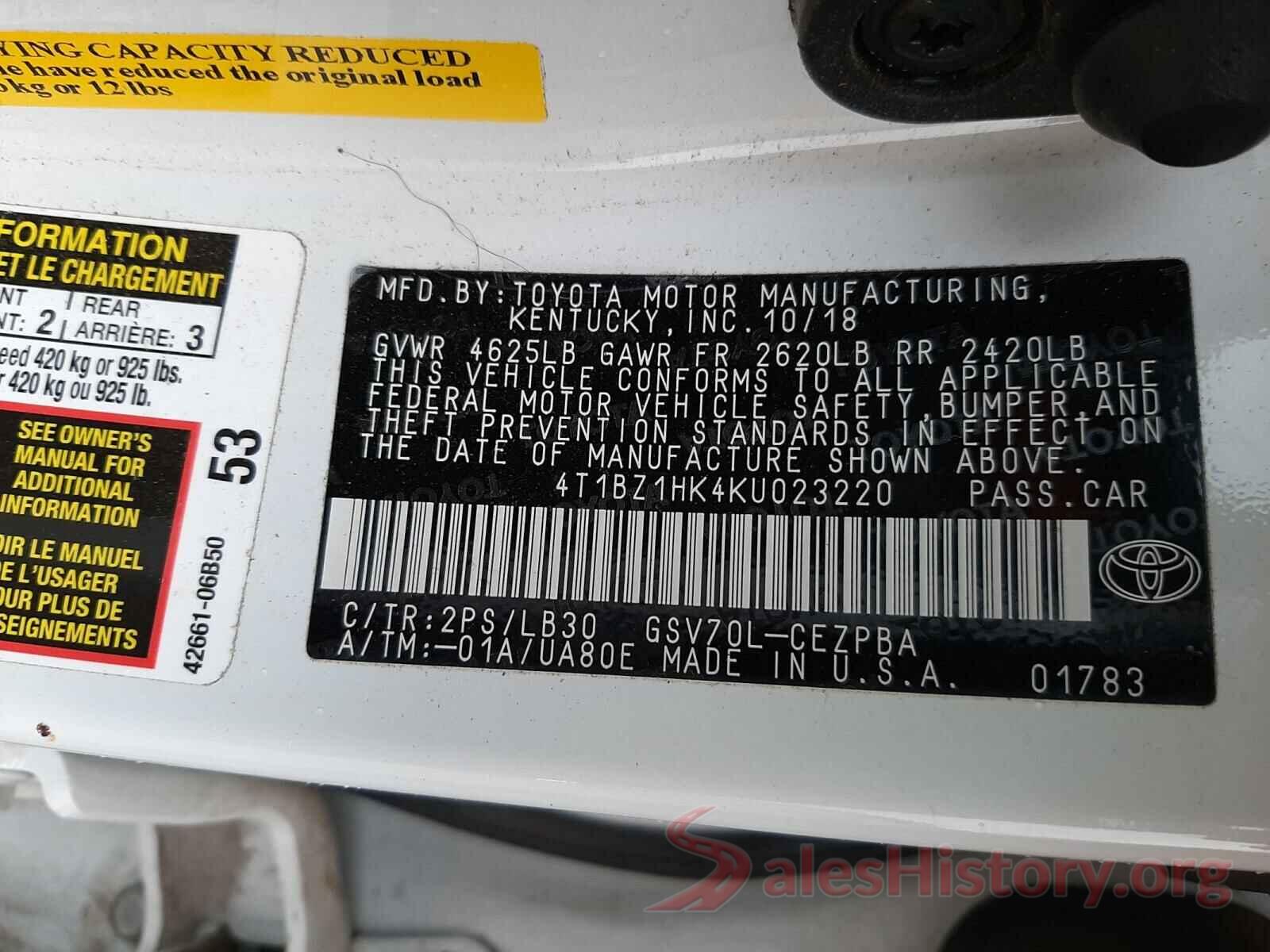 4T1BZ1HK4KU023220 2019 TOYOTA CAMRY